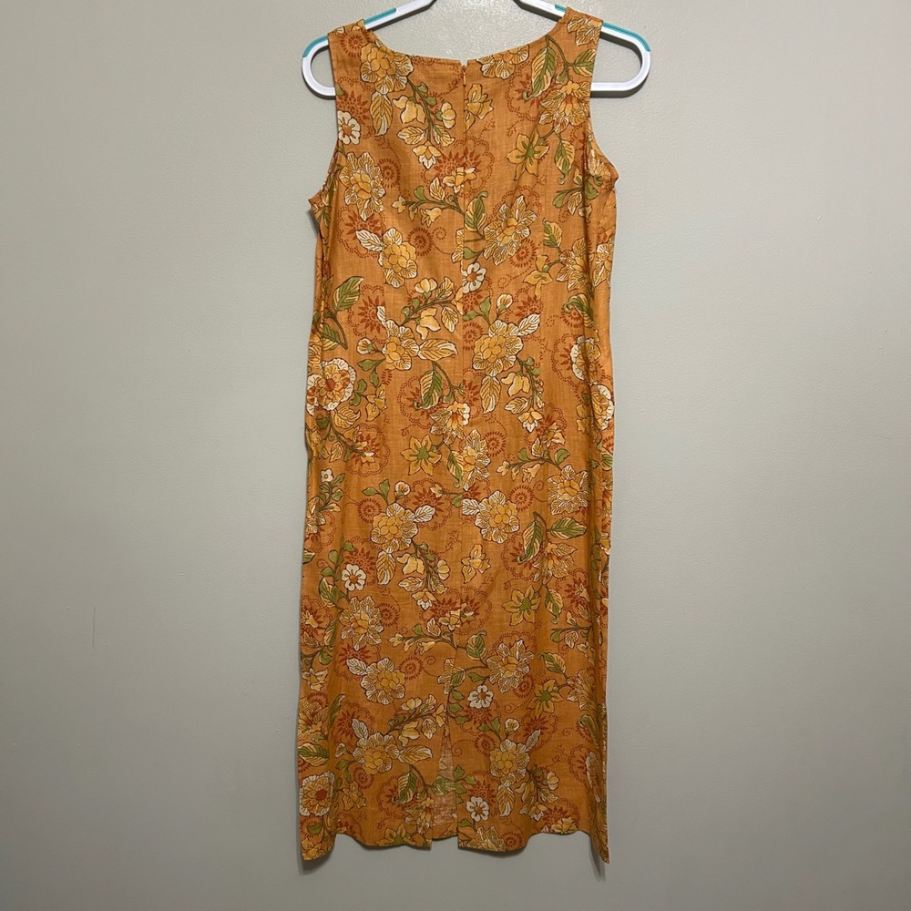 Petite Sophisticate 100% Linen Dress 8 Orange Yellow Sleeveless Floral Midi - Picture 3 of 10